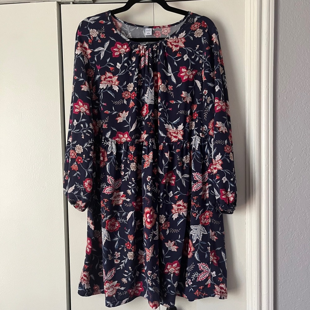 Old Navy Floral Print Long Sleeve Navy‎ Blue Babydoll Dress - Size L
